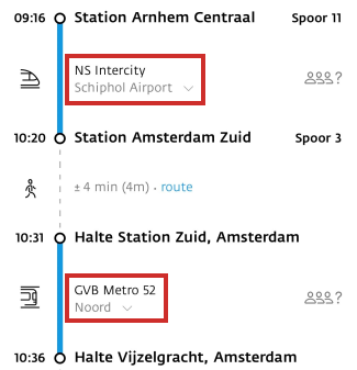 Tussenstops bekijken in 9292-app